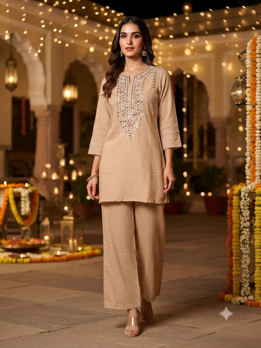 Amira Beige Mirror Work Co-ord Set