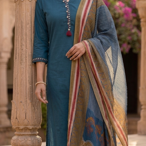 Teal Blue Cotton Kurta Set