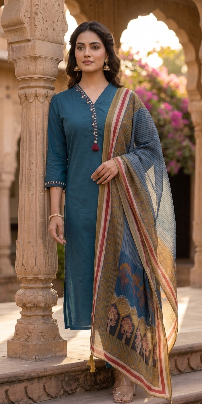 Teal Blue Cotton Kurta Set