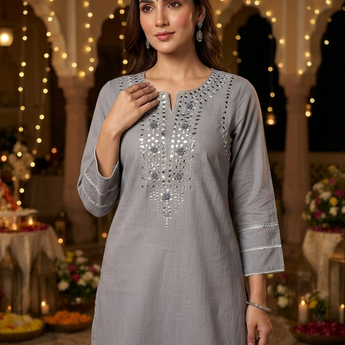 Amira Fossil Grey Mirror Work Co-ord Set