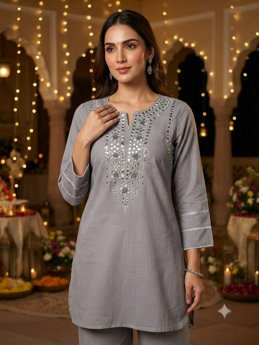 Amira Fossil Grey Mirror Work Co-ord Set