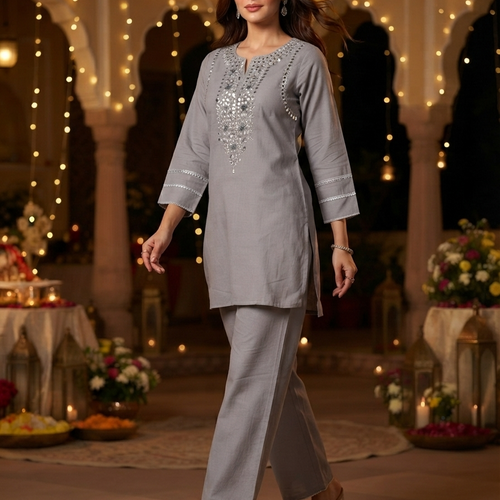 Amira Fossil Grey Mirror Work Co-ord Set