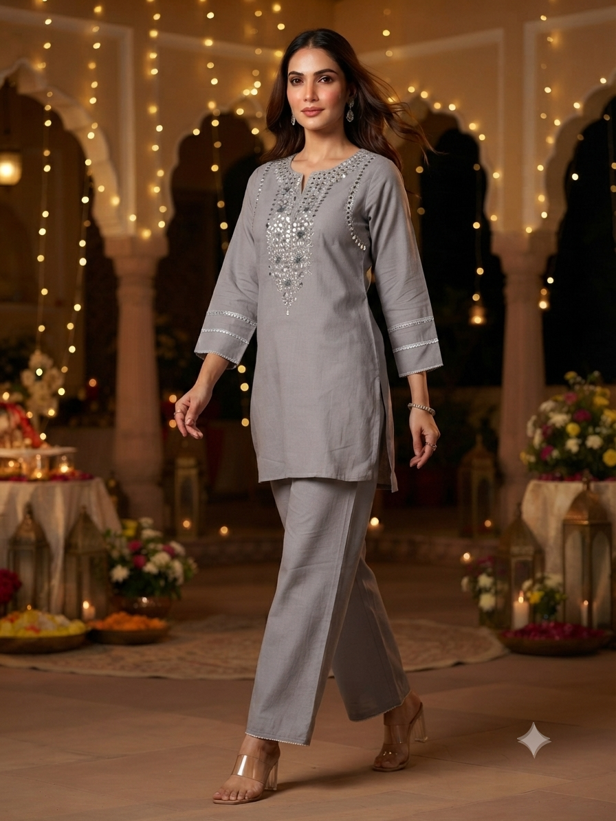 Amira Fossil Grey Mirror Work Co-ord Set