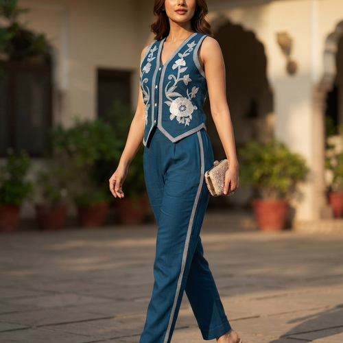 Ivy Teal Embrodiered Vest Set