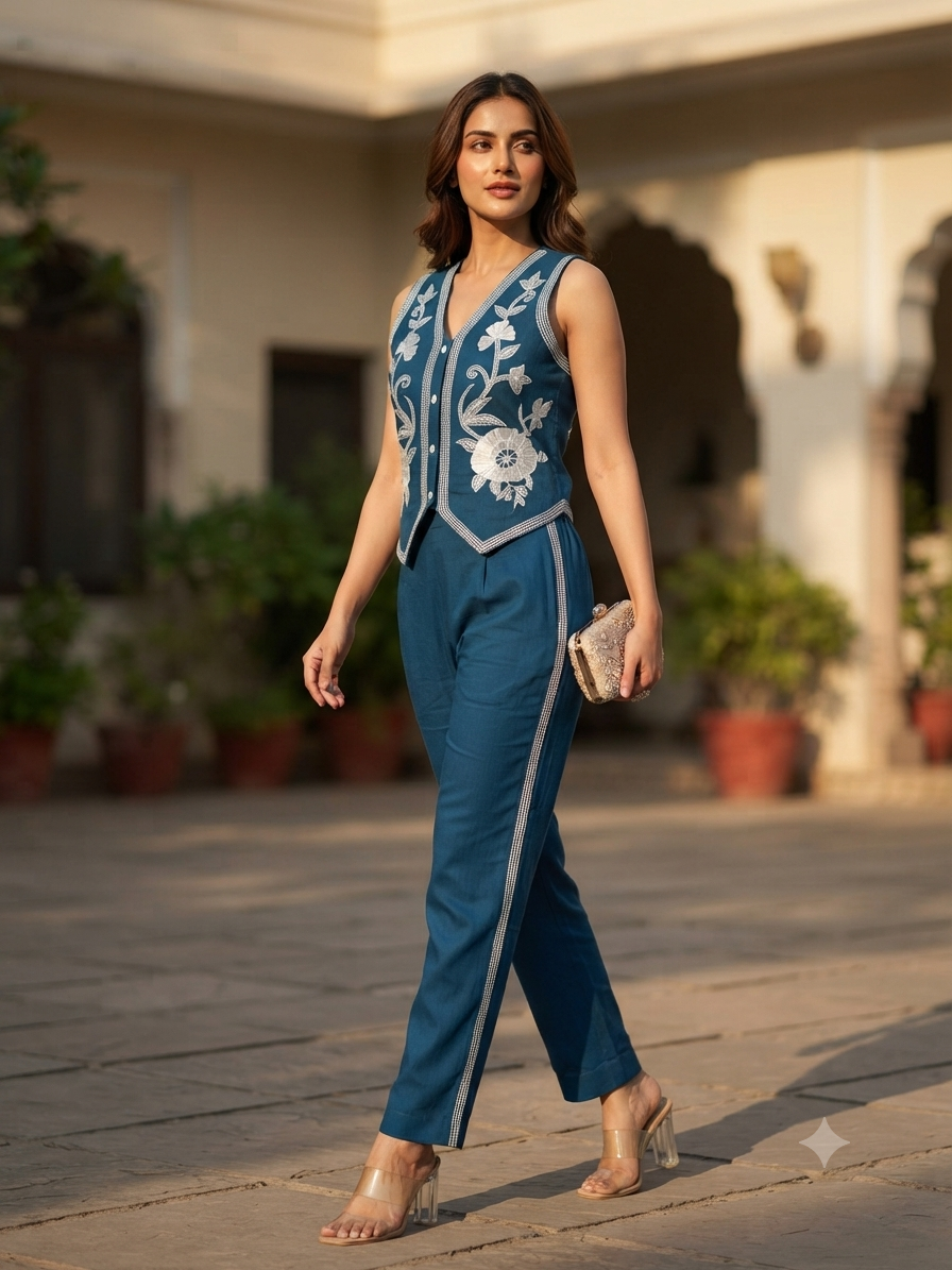 Ivy Teal Embrodiered Vest Set