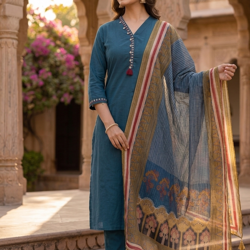 Teal Blue Cotton Kurta Set