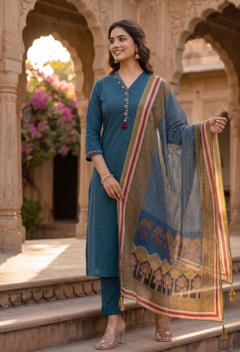 Teal Blue Cotton Kurta Set