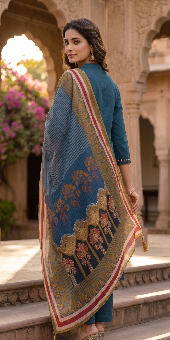 Teal Blue Cotton Kurta Set