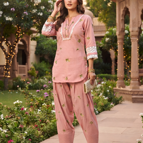 Zoya Pink Floral Embroidery Co-ord Set