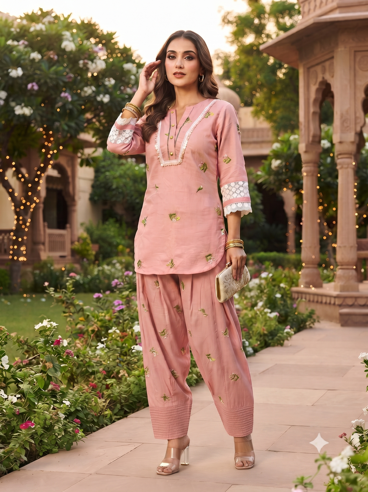 Zoya Pink Floral Embroidery Co-ord Set