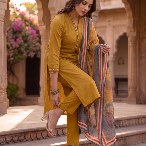 Mustard Cotton Kurta Set