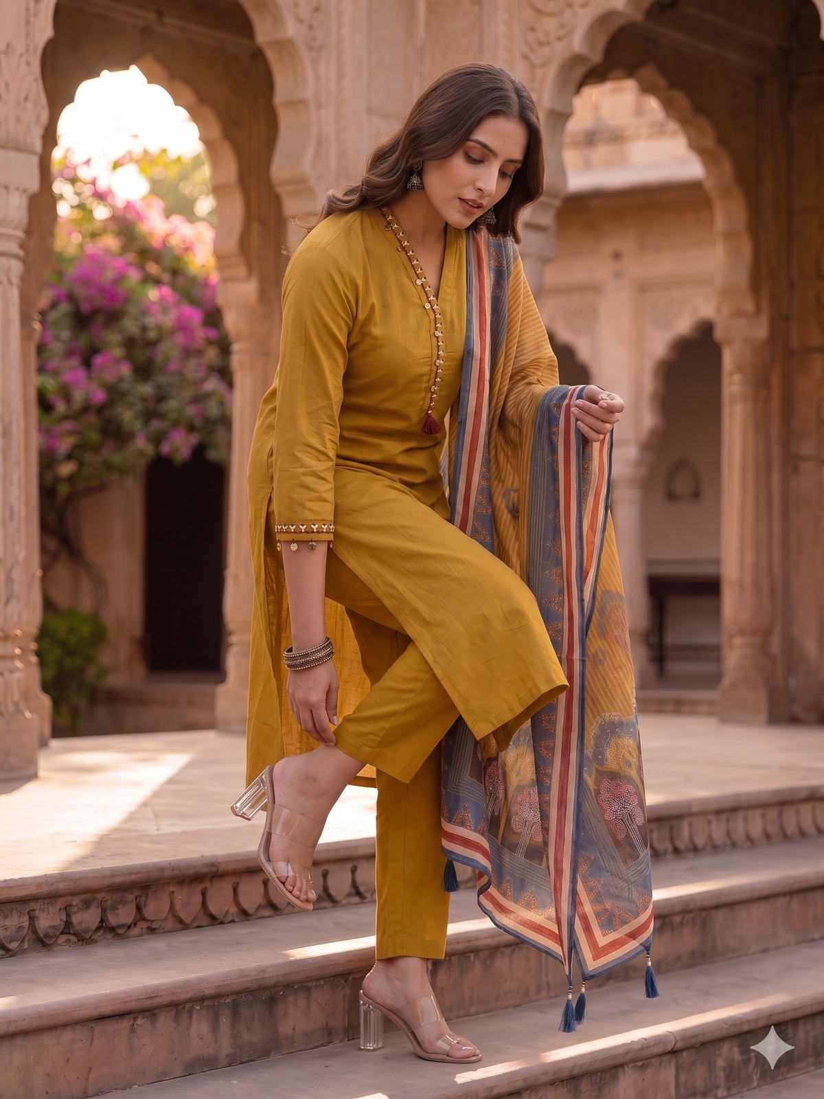 Mustard Cotton Kurta Set
