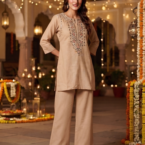 Amira Beige Mirror Work Co-ord Set