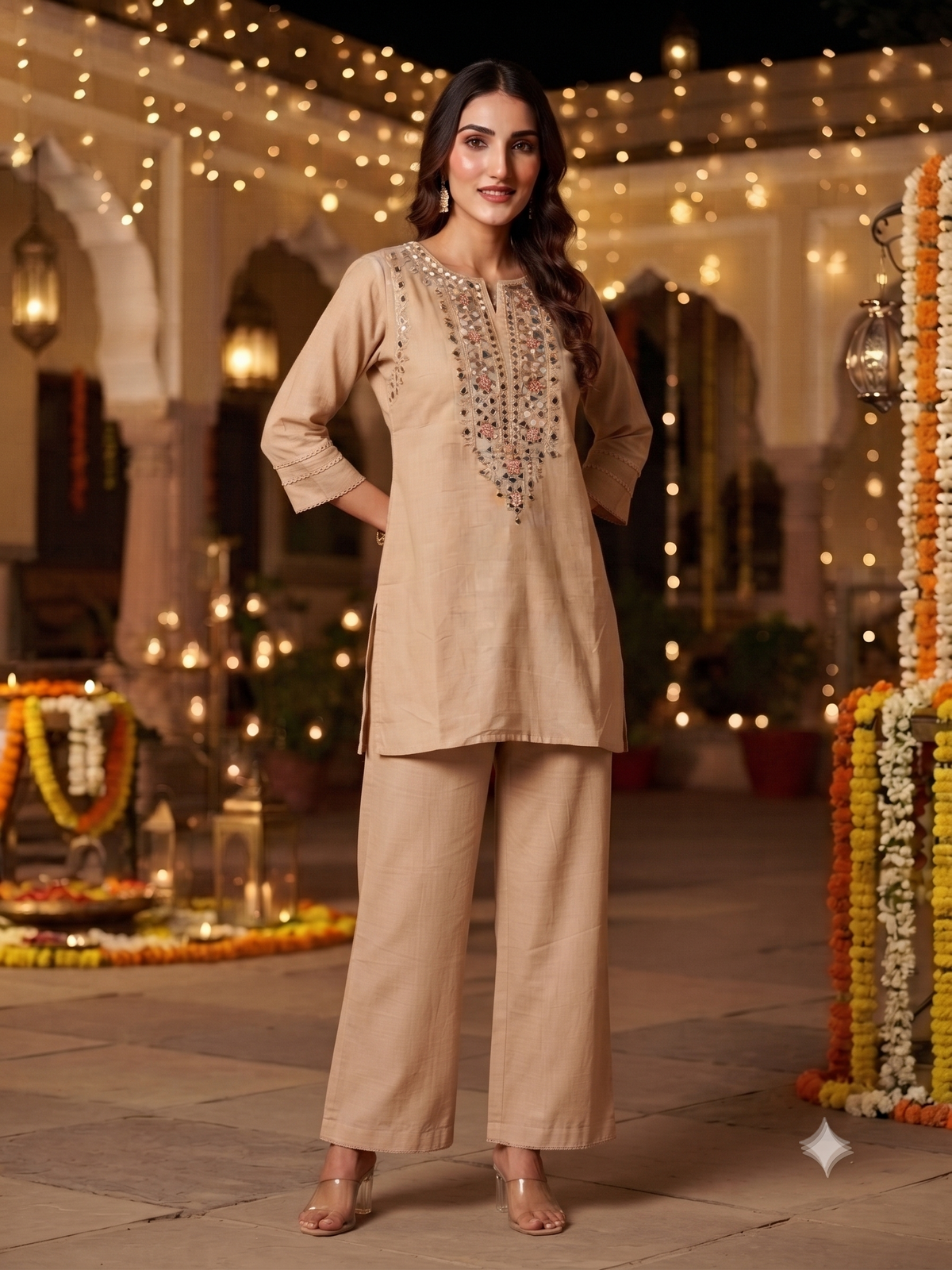 Amira Beige Mirror Work Co-ord Set