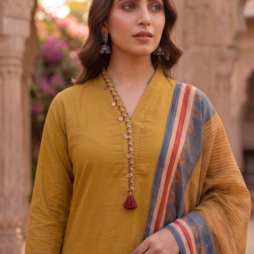 Mustard Cotton Kurta Set