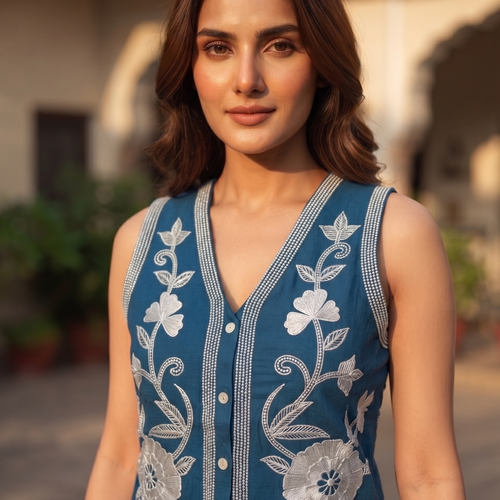 Ivy Teal Embrodiered Vest Set
