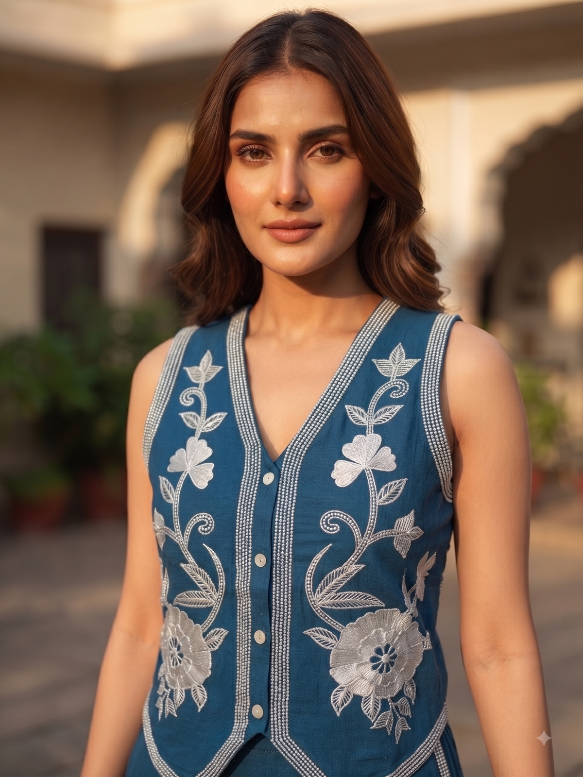 Ivy Teal Embrodiered Vest Set
