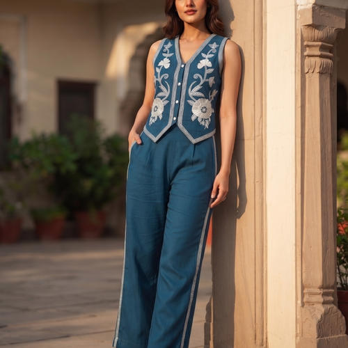 Ivy Teal Embrodiered Vest Set