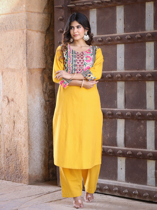 Mustard Handloom-cotton Kurta Set