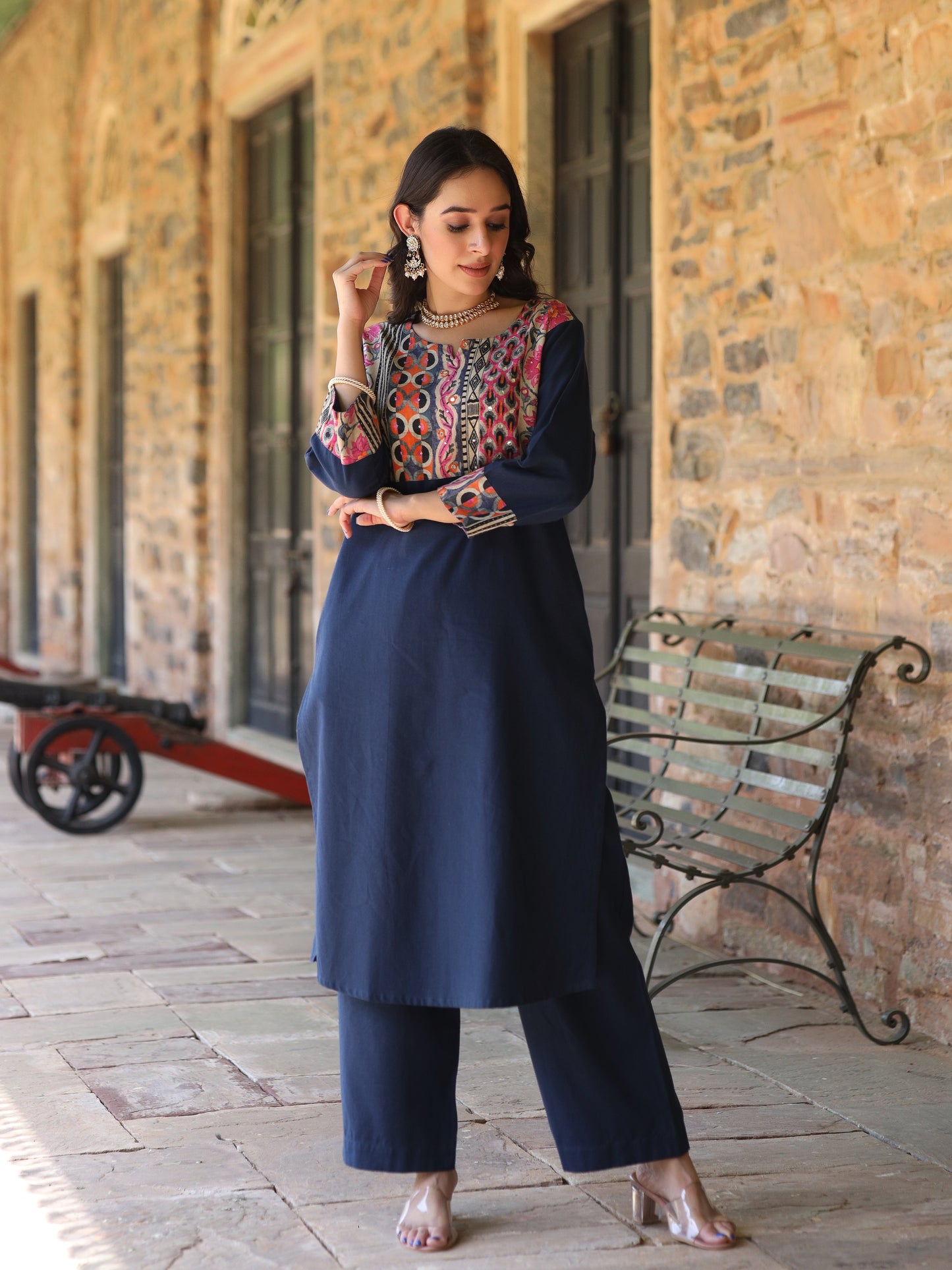 Teal blue Handloom-cotton Kurta Set