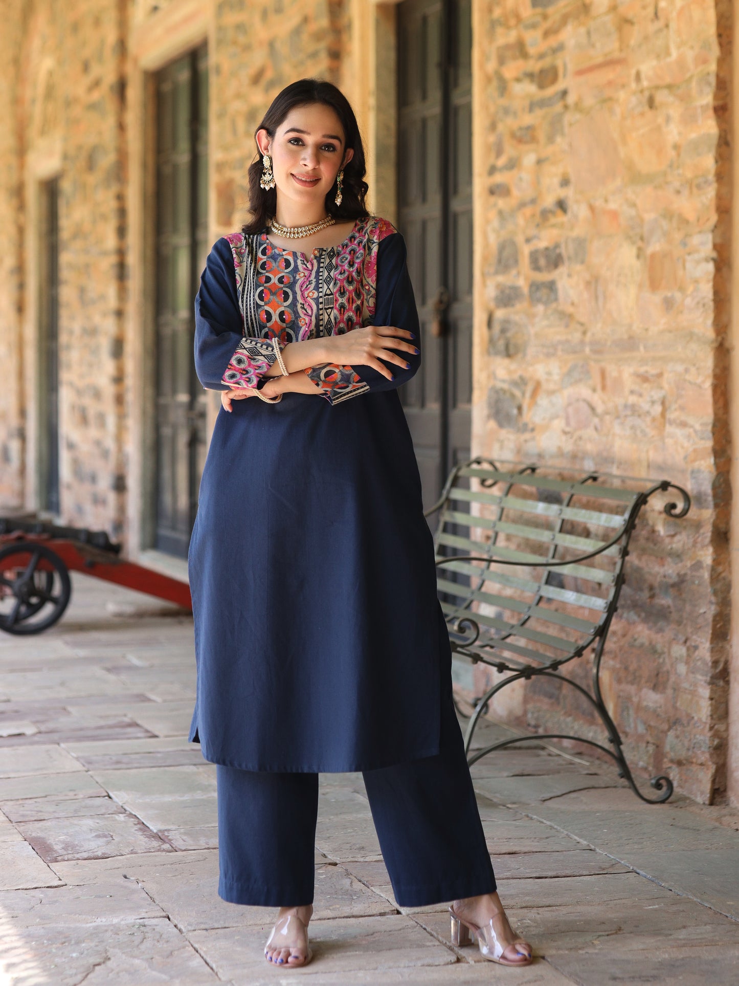 Teal blue Handloom-cotton Kurta Set