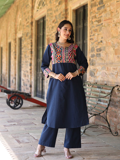 Teal blue Handloom-cotton Kurta Set