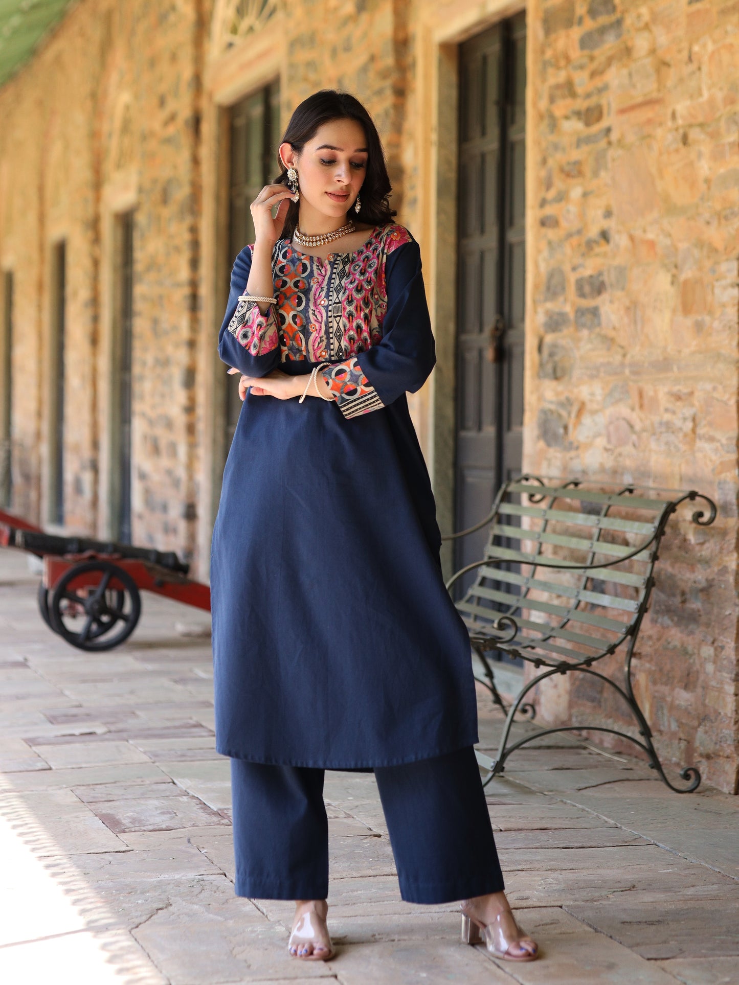 Teal blue Handloom-cotton Kurta Set