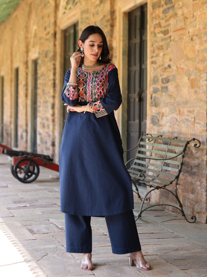 Teal blue Handloom-cotton Kurta Set