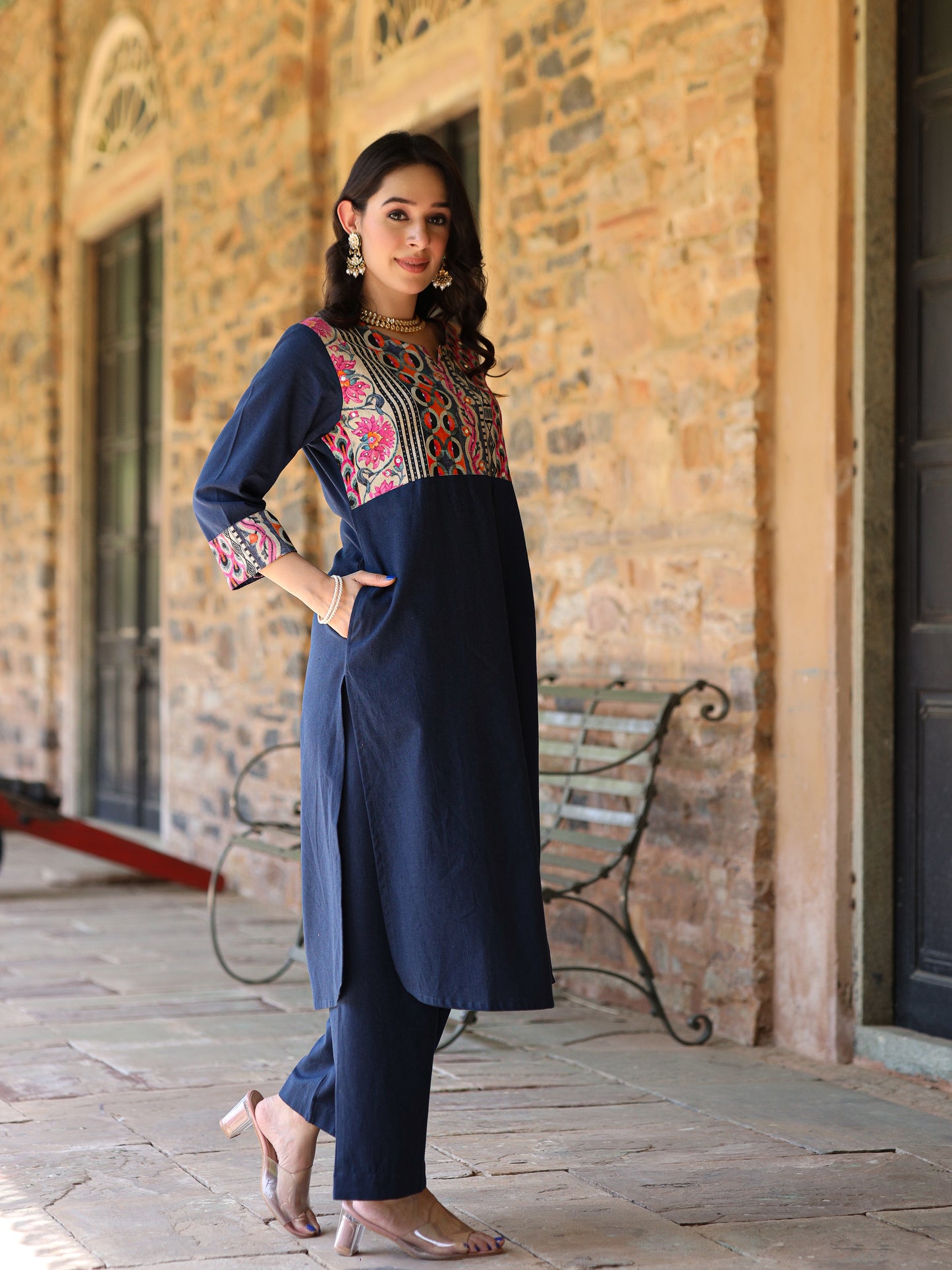 Teal blue Handloom-cotton Kurta Set
