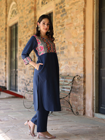 Teal blue Handloom-cotton Kurta Set