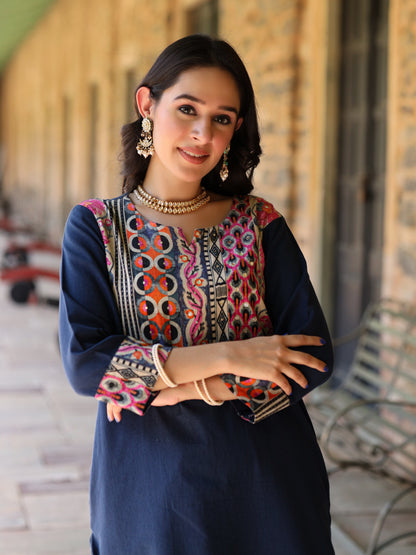 Teal blue Handloom-cotton Kurta Set