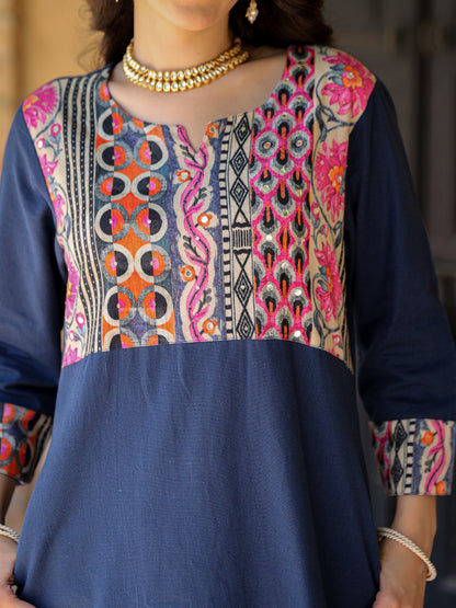 Teal blue Handloom-cotton Kurta Set