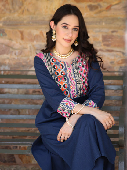 Teal blue Handloom-cotton Kurta Set