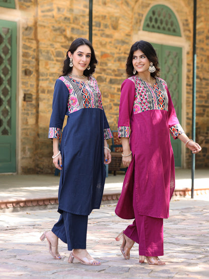 Teal blue Handloom-cotton Kurta Set