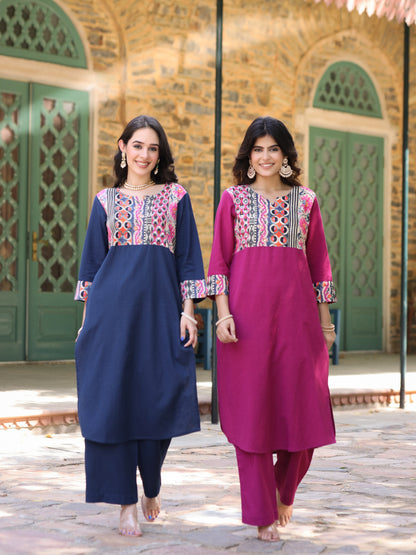 Teal blue Handloom-cotton Kurta Set