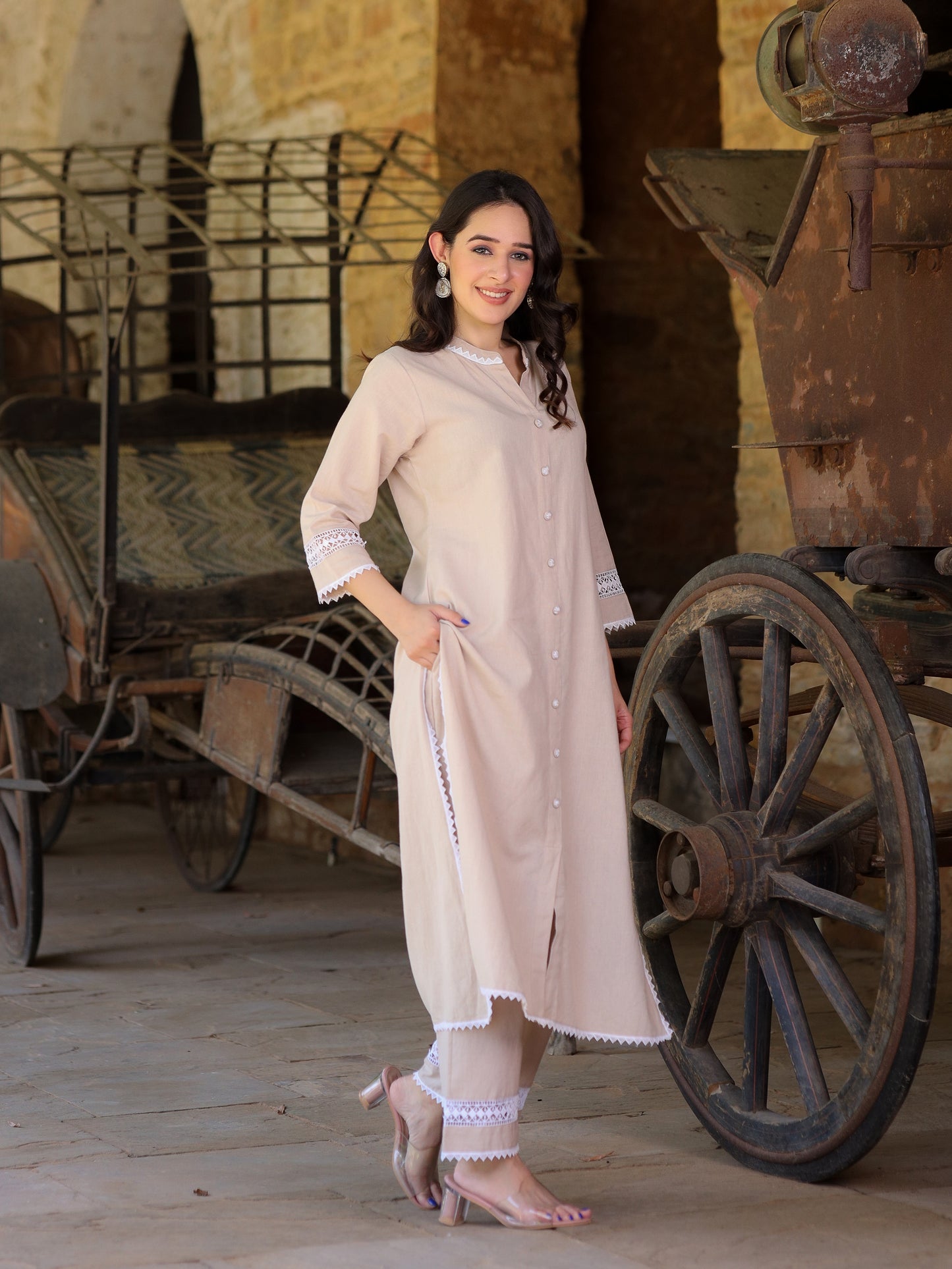 Beige Handloom-cotton Kurta Set