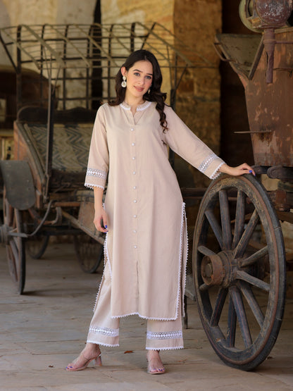 Beige Handloom-cotton Kurta Set