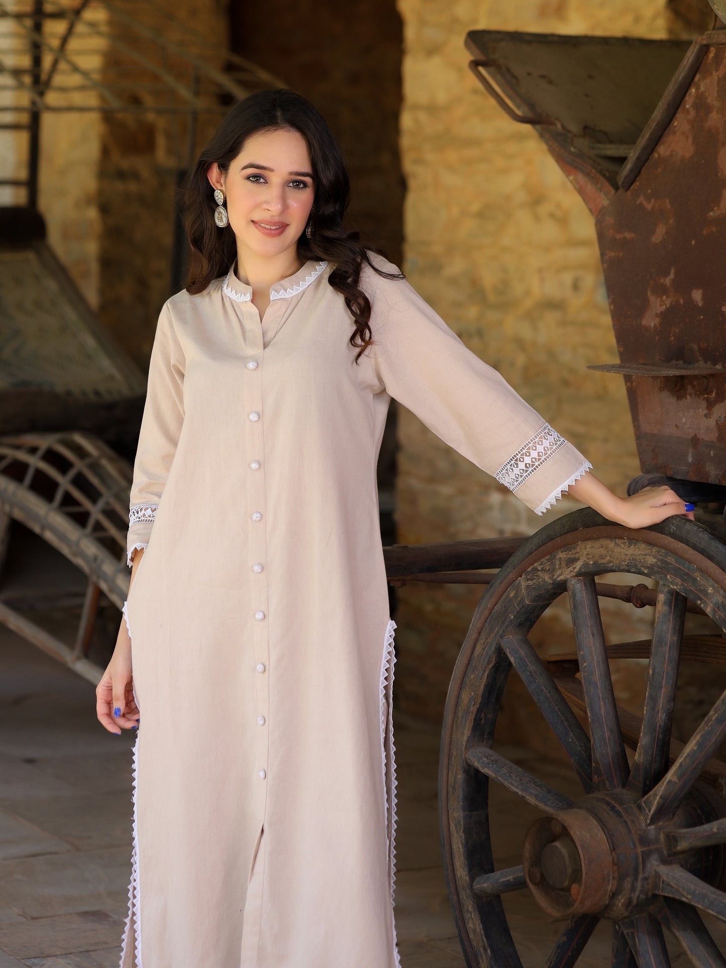 Beige Handloom-cotton Kurta Set
