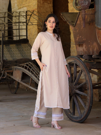 Beige Handloom-cotton Kurta Set