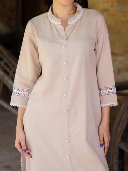 Beige Handloom-cotton Kurta Set