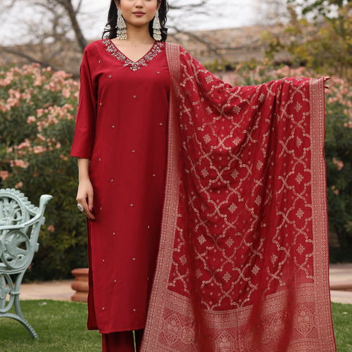 Maroon Muslin Embroidered Suit Set