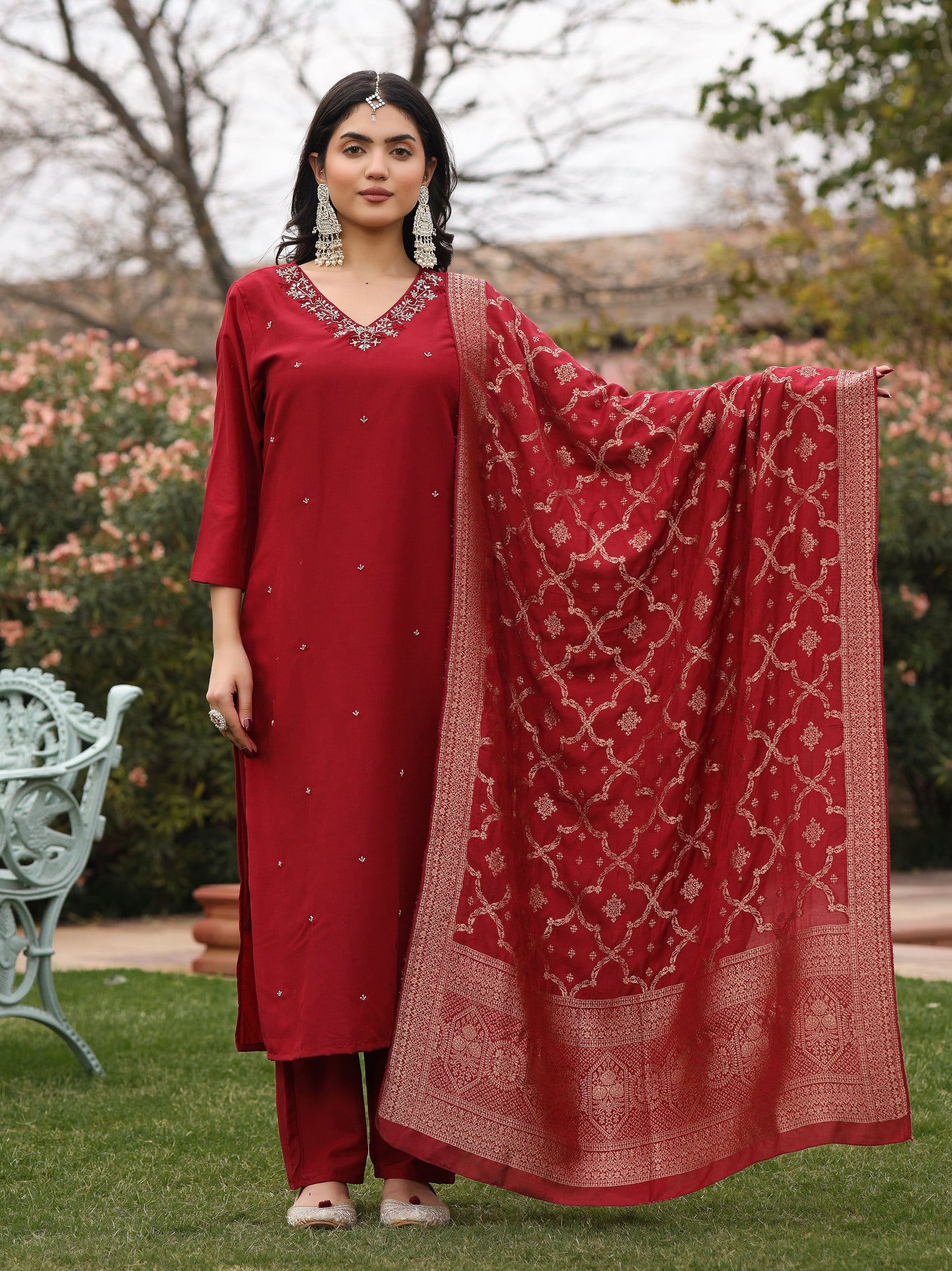 Maroon Muslin Embroidered Suit Set