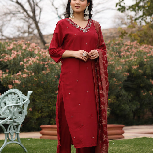 Maroon Muslin Embroidered Suit Set