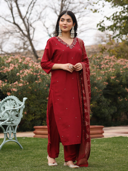 Maroon Muslin Embroidered Suit Set