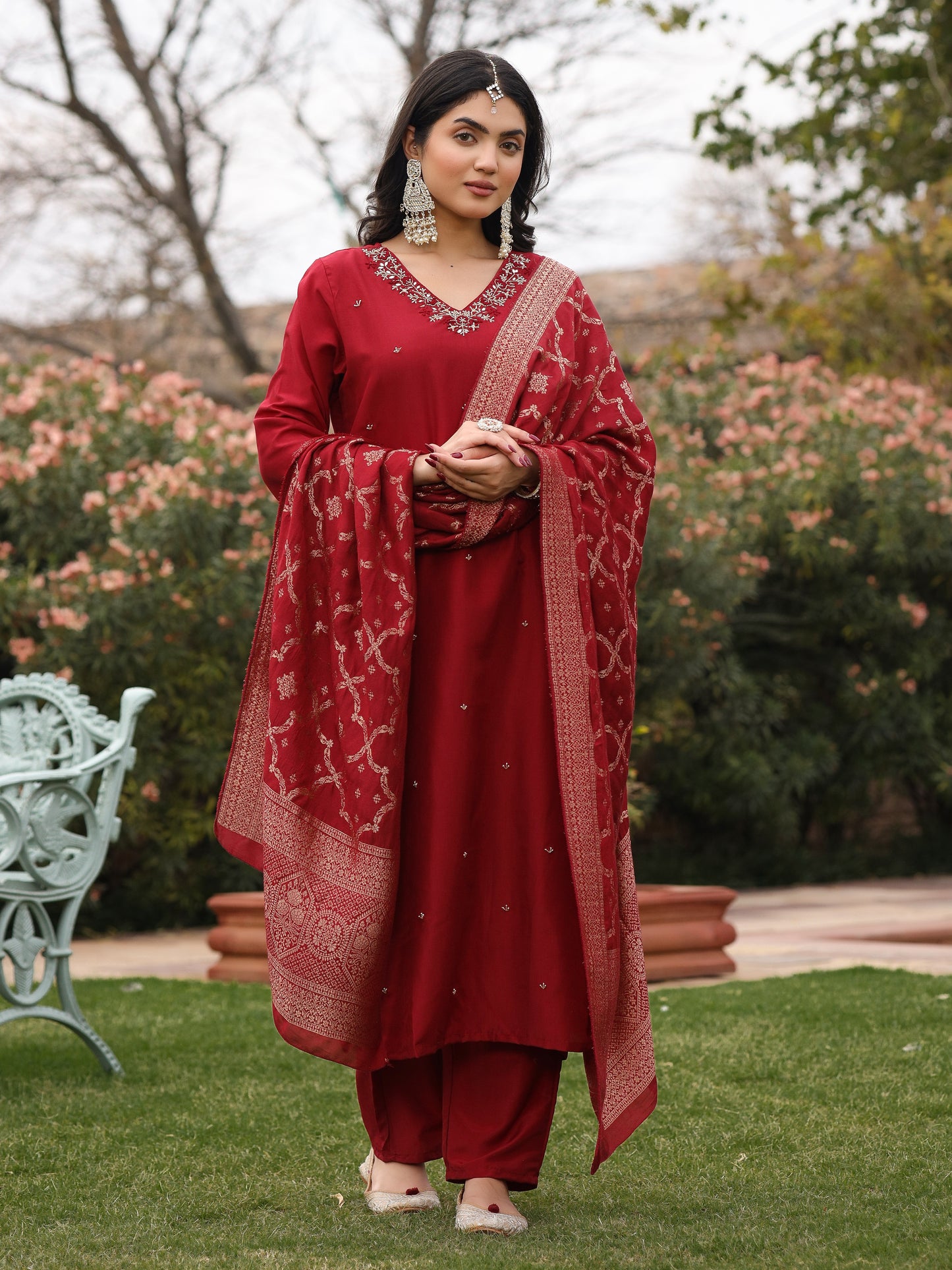 Maroon Muslin Embroidered Suit Set