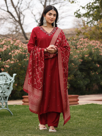 Maroon Muslin Embroidered Suit Set