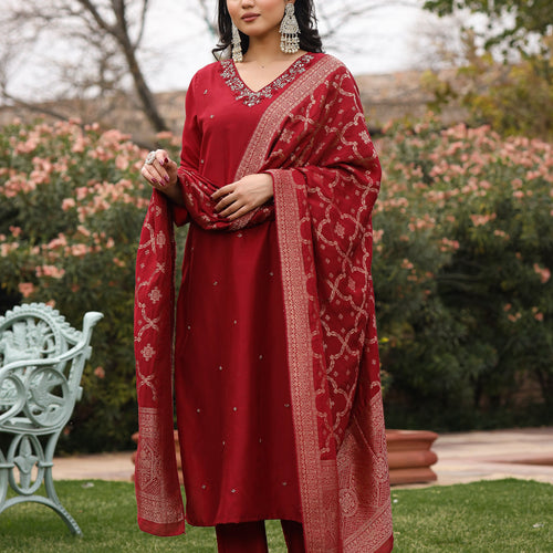 Maroon Muslin Embroidered Suit Set