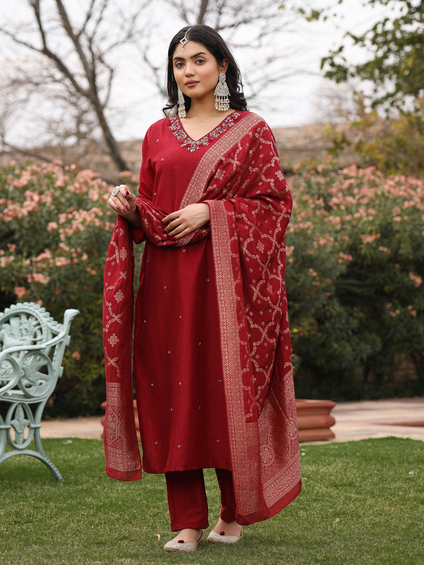 Maroon Muslin Embroidered Suit Set