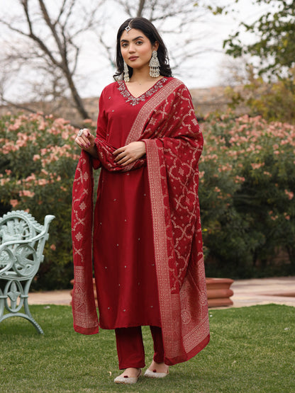 Maroon Muslin Embroidered Suit Set