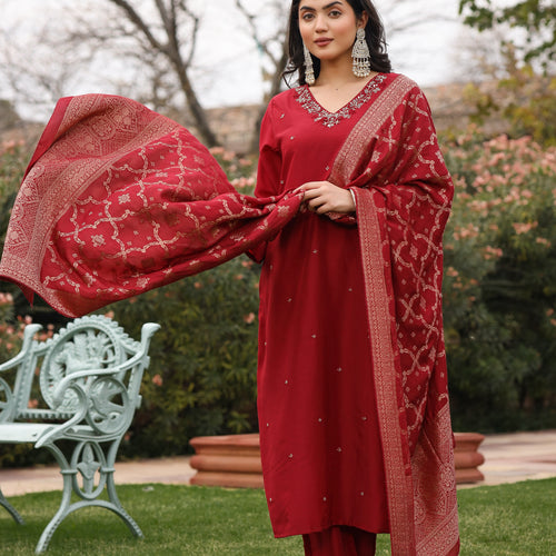 Maroon Muslin Embroidered Suit Set